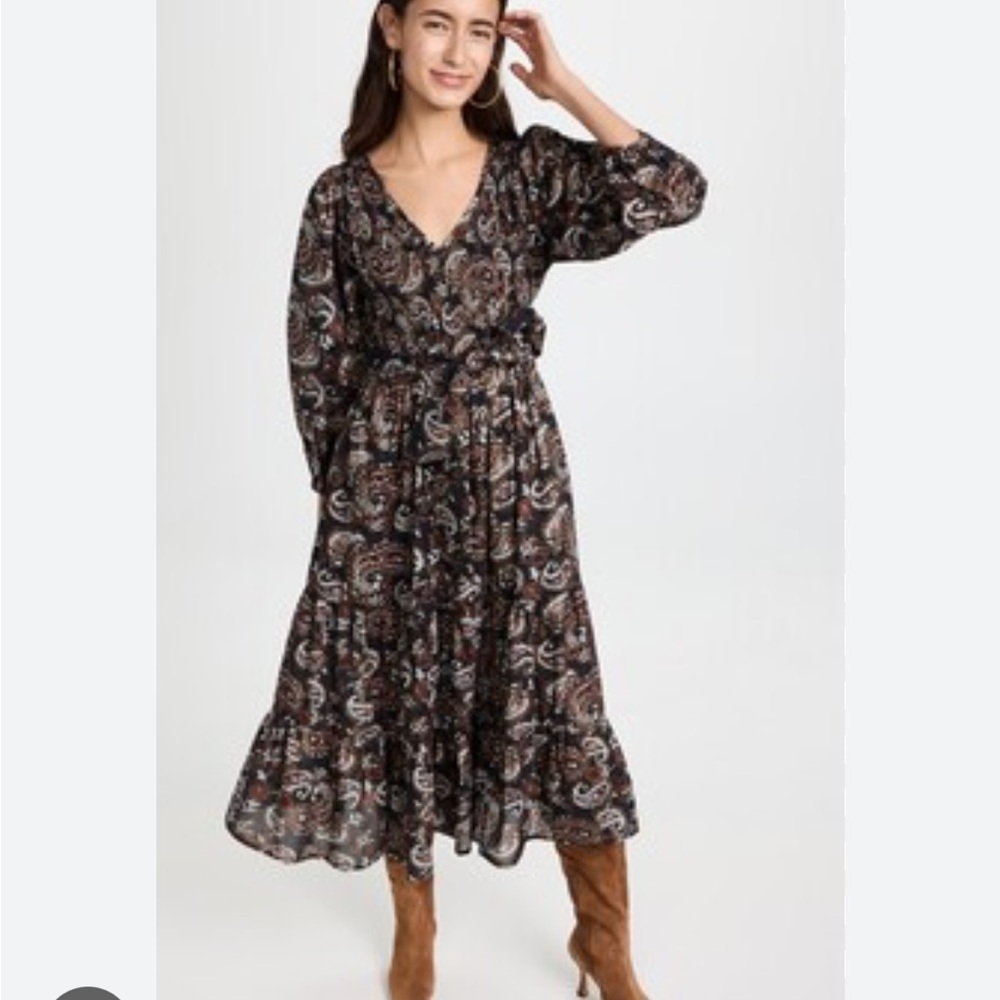 Cleobella Carly Ankle Dress Vneck Puff Sleeves Paisley Tiered Black Pockets Sz S